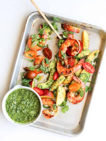 Chipotle Shrimp with Peaches, Avocado and Cilantro-Jalapeño Viniagrette
