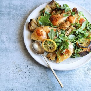 Roast Chicken with Toasted Bread Salad on a white plate with a gold spoon