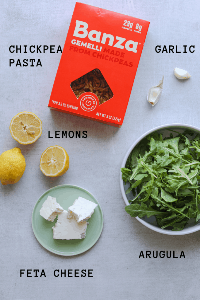recipe ingredients: chickepea pasta, lemons, arugula, feta cheese, garlic
