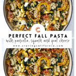a white oval platter filled with pasta, goat cheese, roasted squash, and crispy pancetta