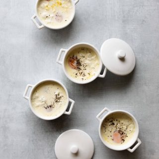 4 Eggs en Cocotte (Baked Eggs) in ramekins
