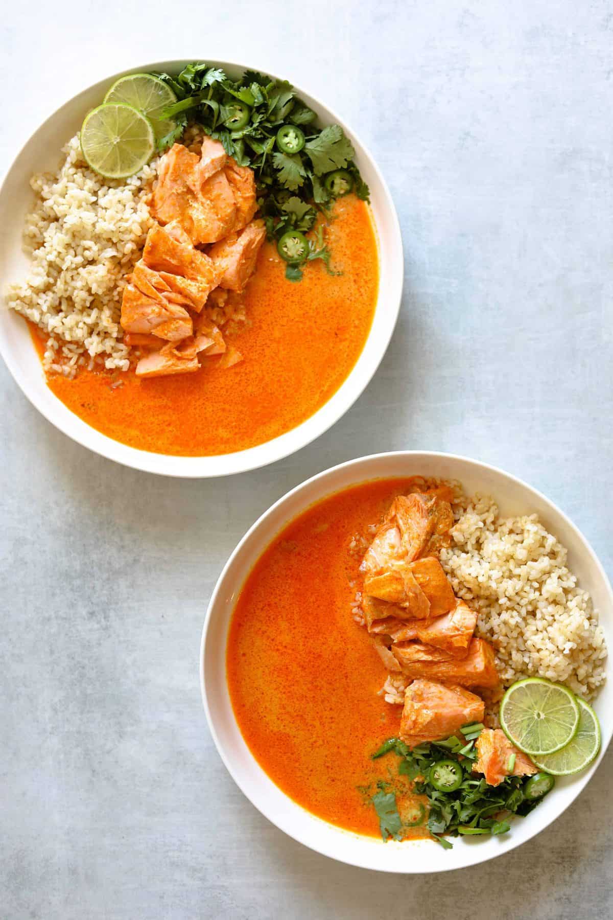 Two Bowls of Coconut Curry Braised Salmon