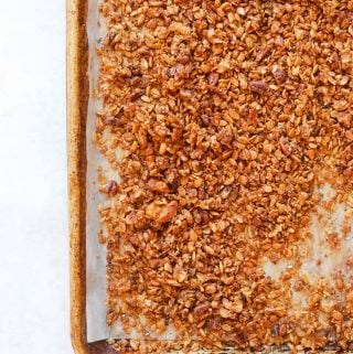 Maple Brown Butter Banana Bread Granola on a baking tray