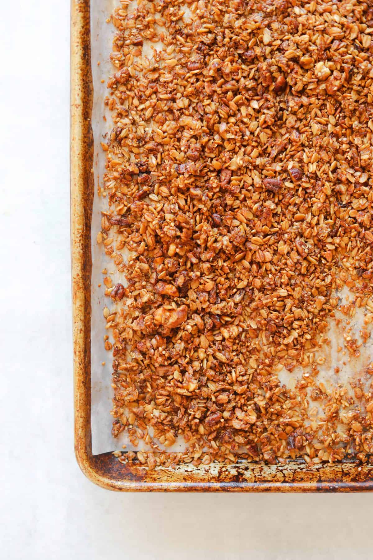 Maple Brown Butter Banana Bread Granola on a baking tray