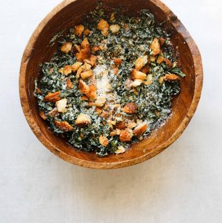 The Perfect Kale Caesar Salad in a wooden bowl