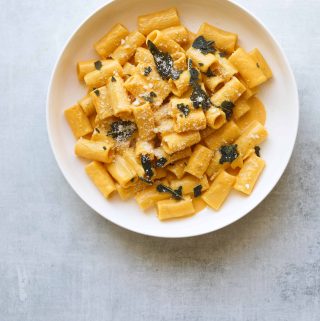 Pumpkin Rigatoni with Crispy Sage in a bowl