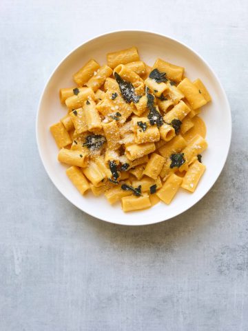 Pumpkin Rigatoni with Crispy Sage in a bowl