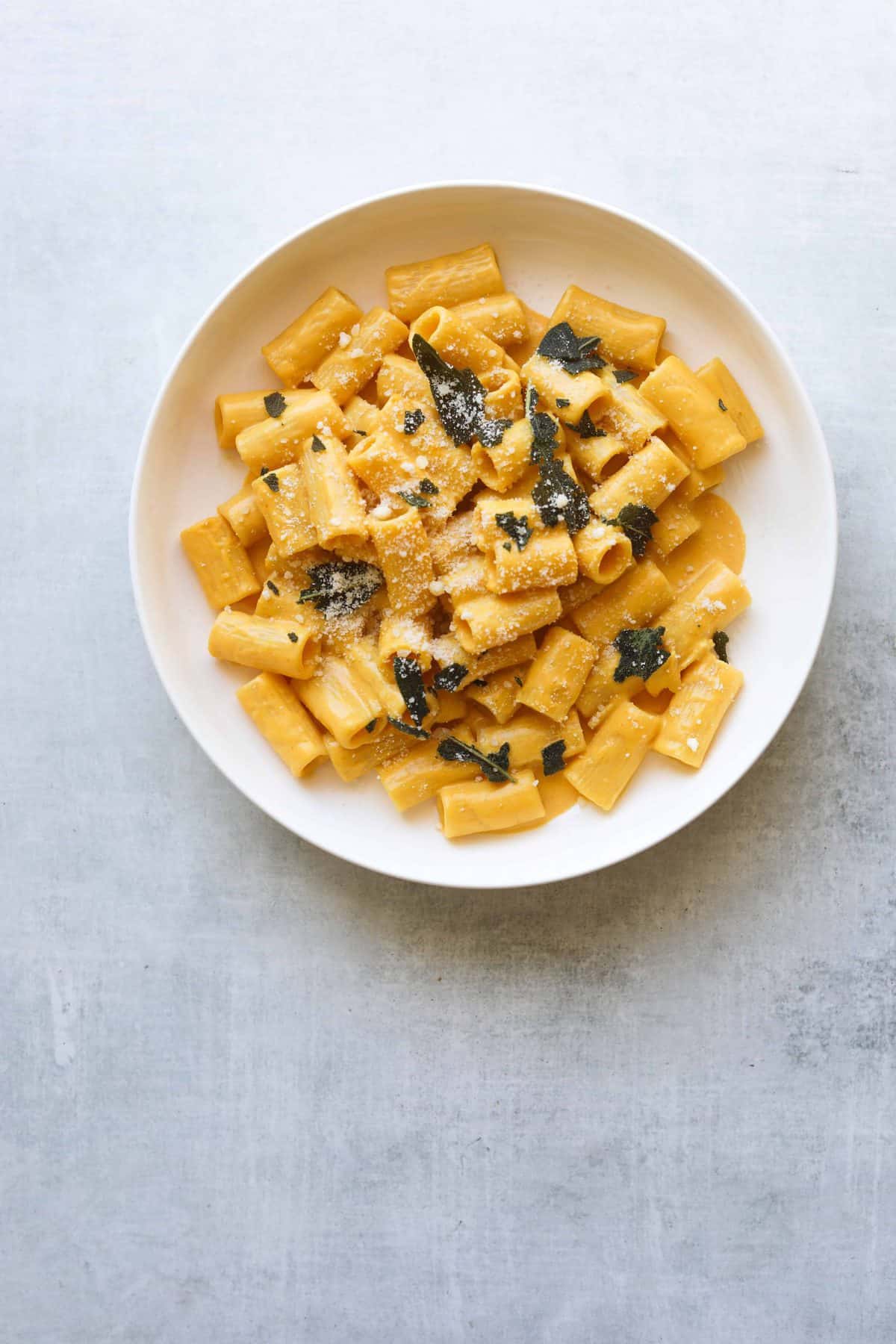 Pumpkin Rigatoni with Crispy Sage in a bowl