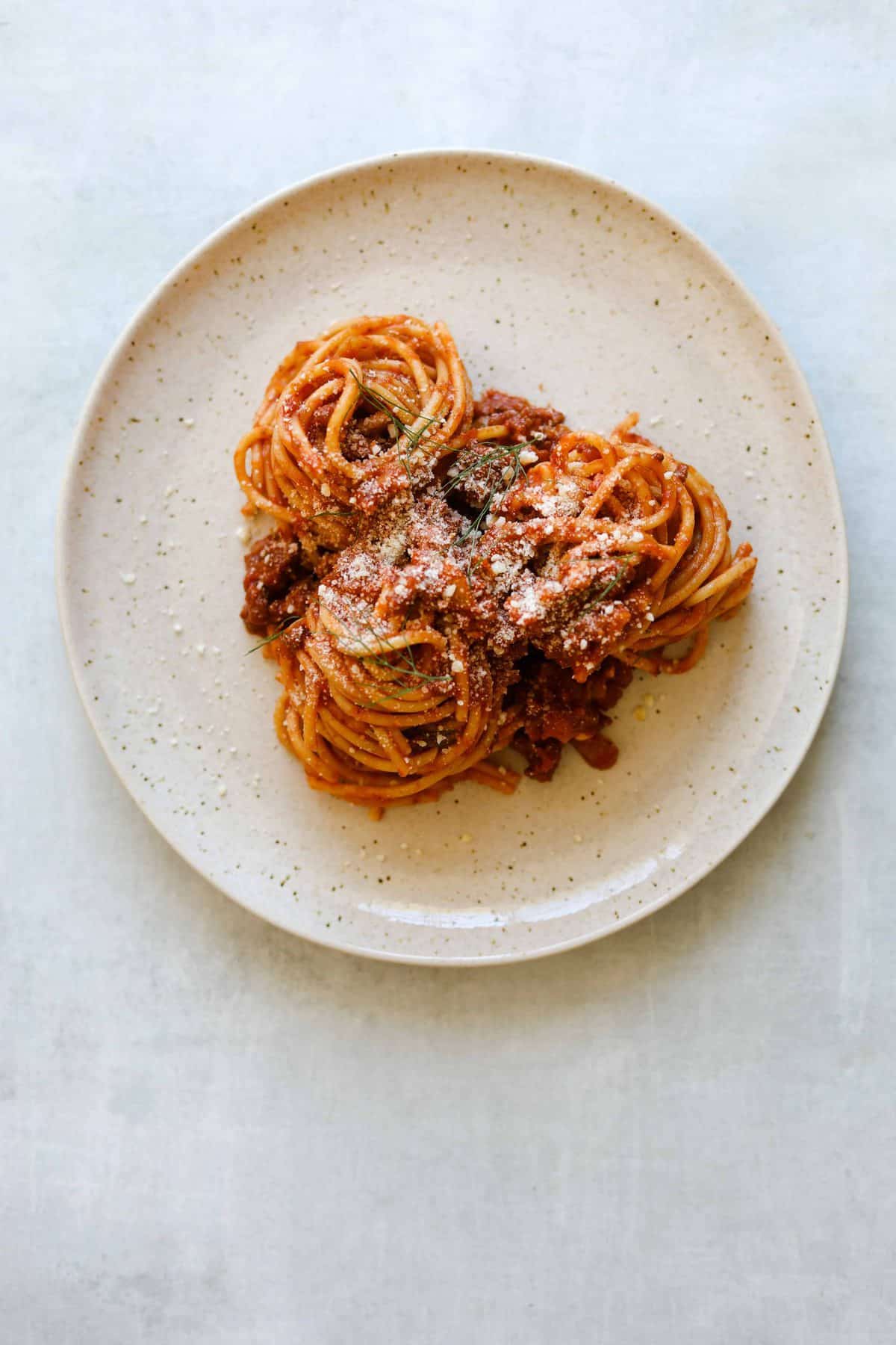 Fennel and Pork Bolognese on a Cream Colored Plate