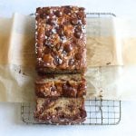 Salted Dark Chocolate Banana Bread on a square Cooling rack