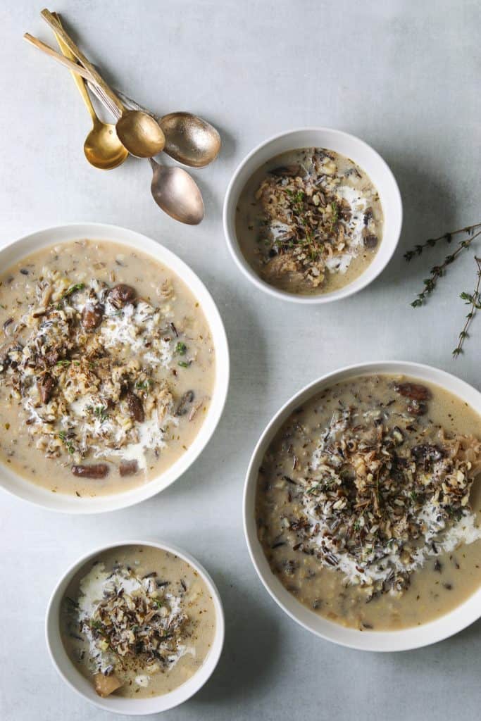 four bowls of Wild Rice and Mushroom Soup (Dairy-Free)