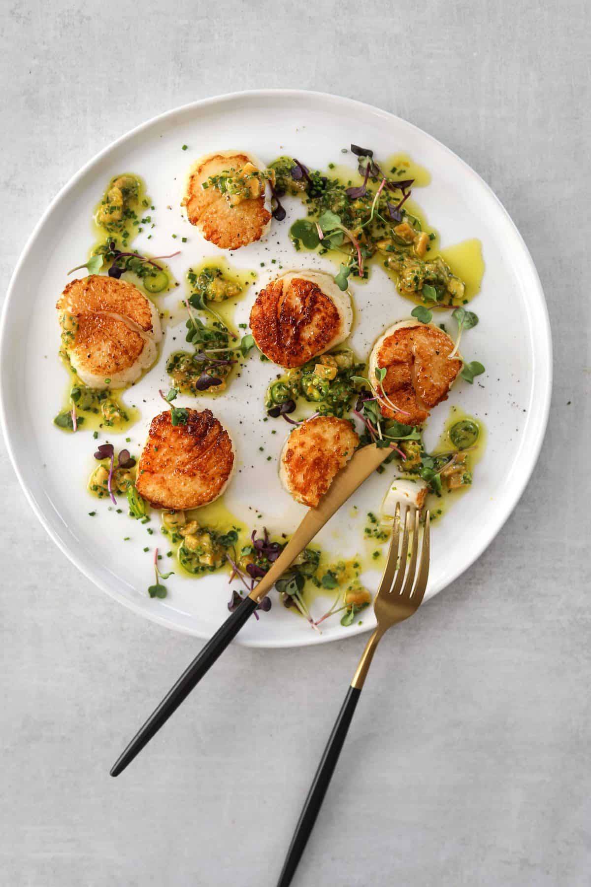 six seared scallops on a plate drizzled with preserved lemon and herb dressing