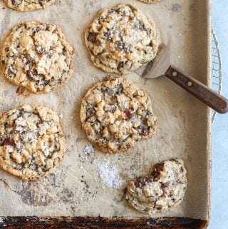 Dark Chocolate Cherry Walnut Cookies cooling on a baking tray