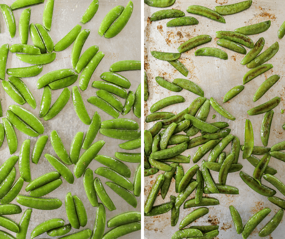 side by side trays of roasted snap peas and raw snap peas