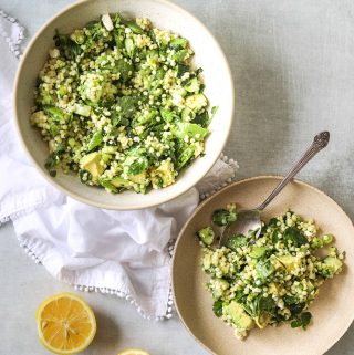 two bowls of Spring Couscous Salad with Feta, Avocado & Herbs