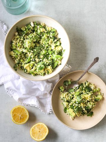 two bowls of Spring Couscous Salad with Feta, Avocado & Herbs