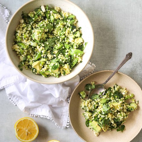two bowls of Spring Couscous Salad with Feta, Avocado & Herbs