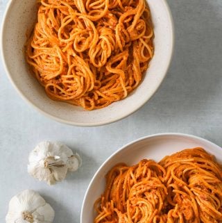 two bowls of Bucatini with Sun-Dried Tomato Pesto