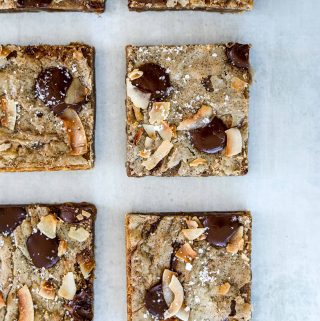six Toasted Coconut Chocolate Chip Blondie squares
