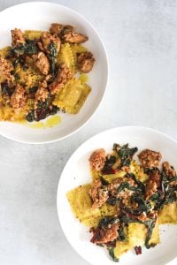 two white bowls filled with five-ingredient ravioli
