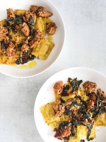 two white bowls filled with five-ingredient ravioli