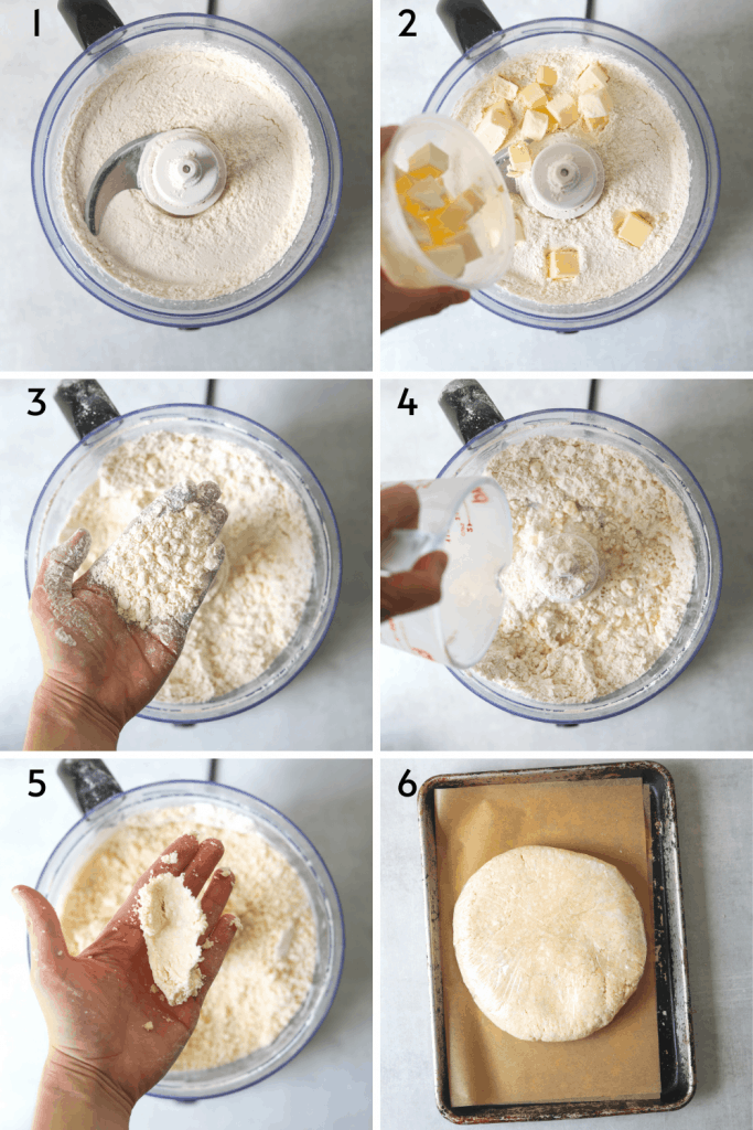 a collage of recipe steps for making flakey pie crust