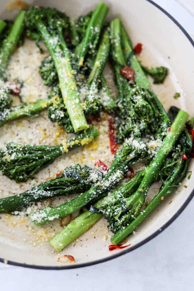 Broccolini with Calabrian Chilis and Garlic in a cast iron pot