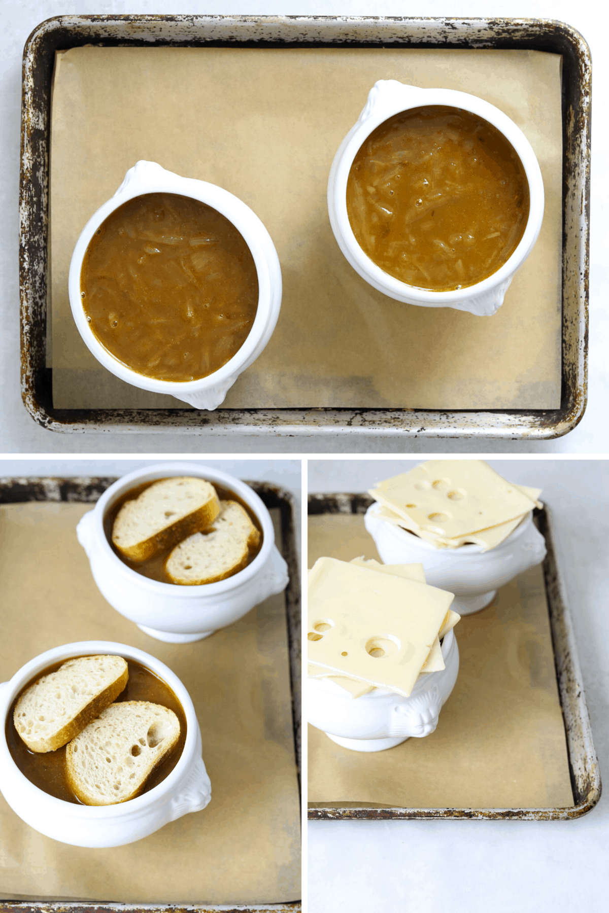 two french onion soup crocks filled with soup, topped with crouton and cheese