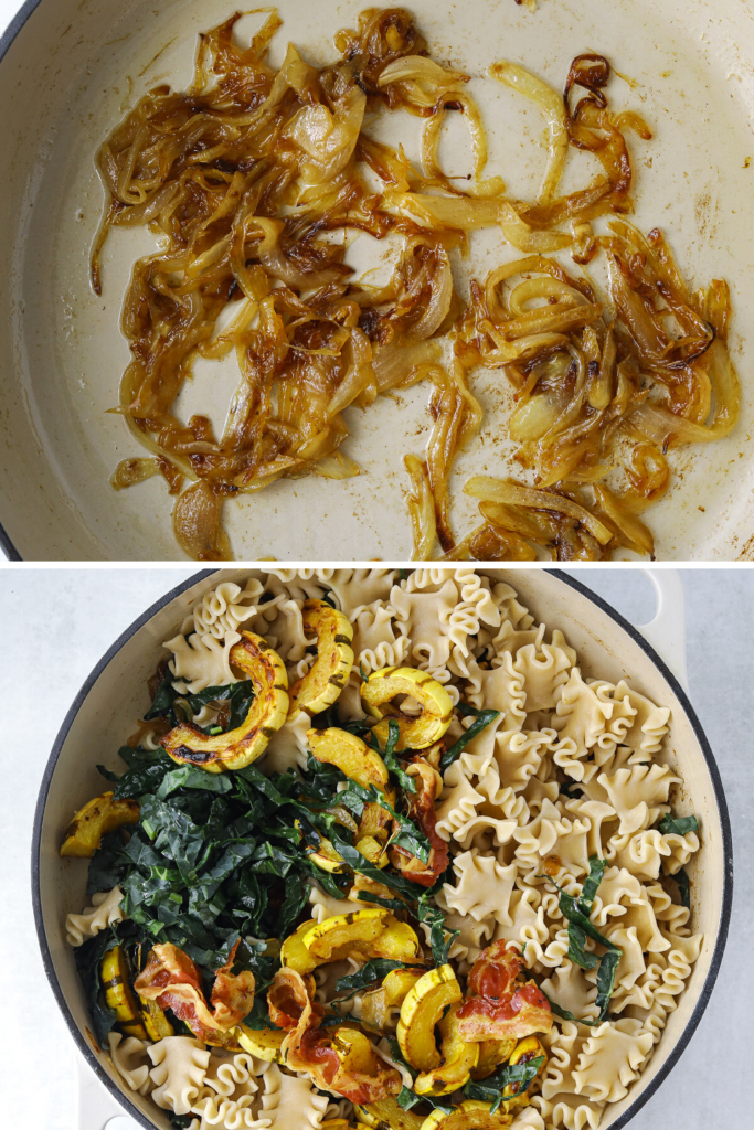 onions caramelizing in a pot and a pot of pasta with kale and roasted squash