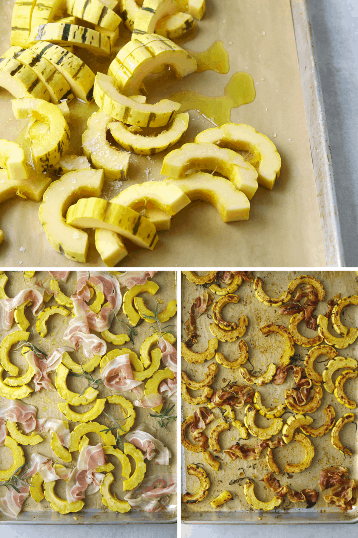 delicata squash and pancetta roasting on a baking tray