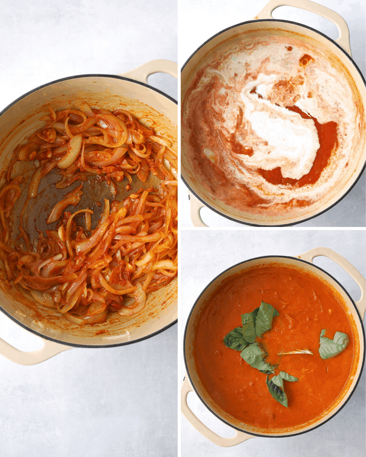a collage of recipe steps, caramelizing onion, tomatoes in a pot and a pot of soup 