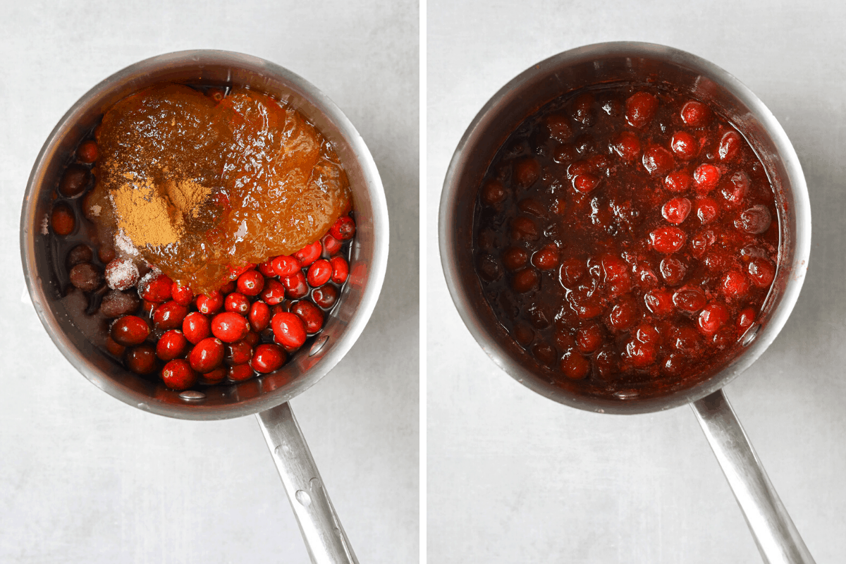 two small sauce pots filled with cranberry sauce cooking