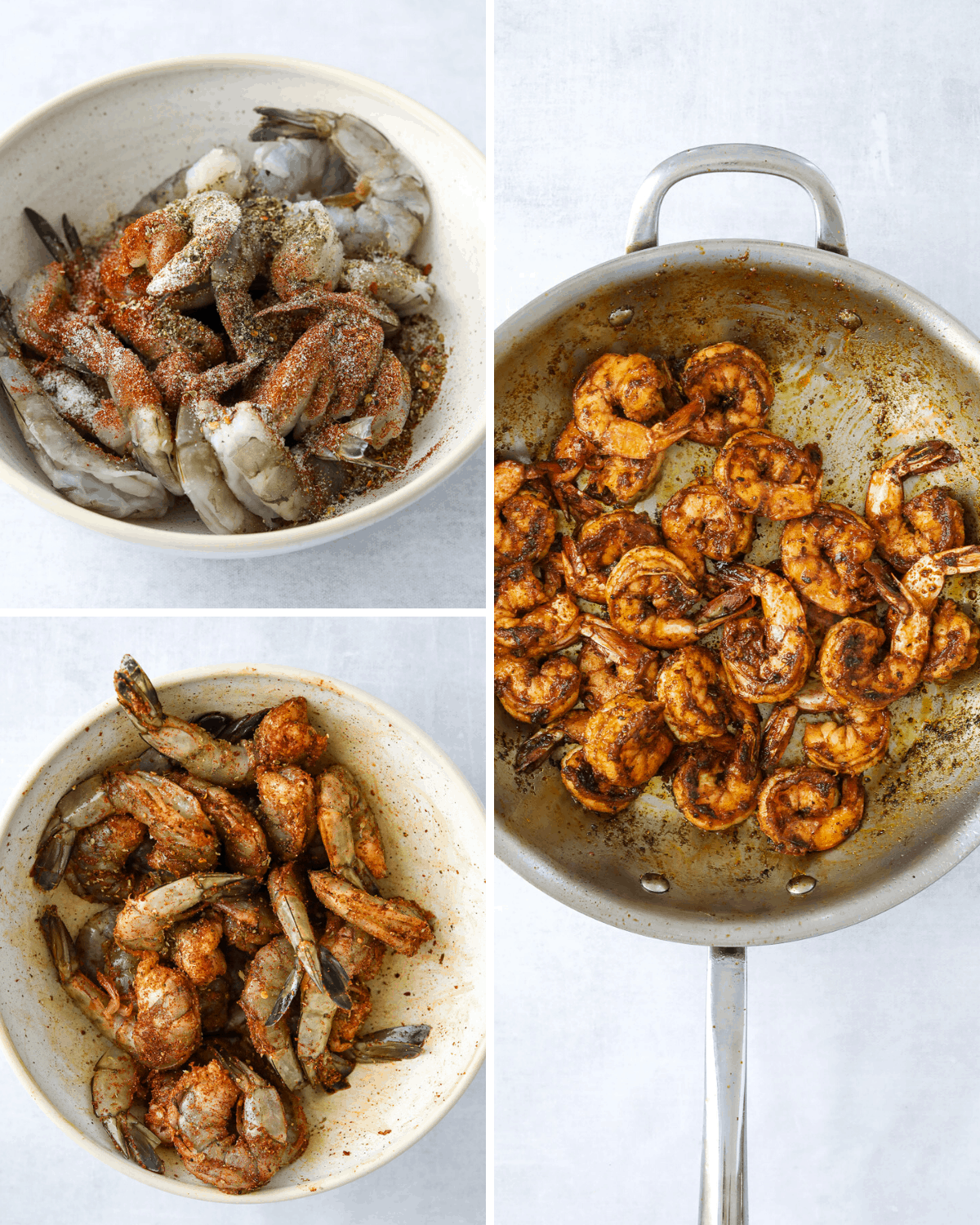 a collage of blackened shrimp recipe steps, a bowl of seasoned shrimp and a saute pan of shrimp cooking