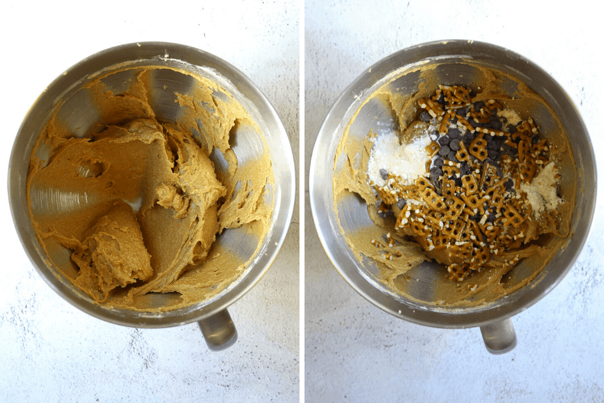 left, a mixing bowl with beaten sugar and butte, right, a mixing bowl with cookie batter, chocolate chips and crushed pretzels 
