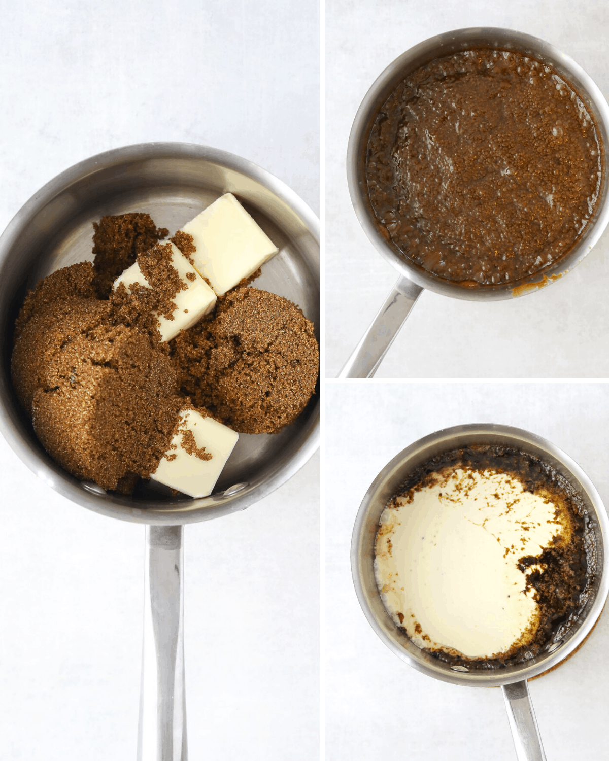 three stage collage of bourbon caramel sauce being made, butter and brown sugar in a pan, boiling butter and brown sugar and caramel sauce with cream 