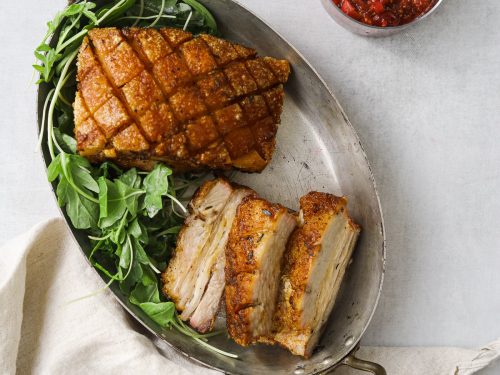 Slow roasted pork belly with glazed chestnuts and radicchio recipe