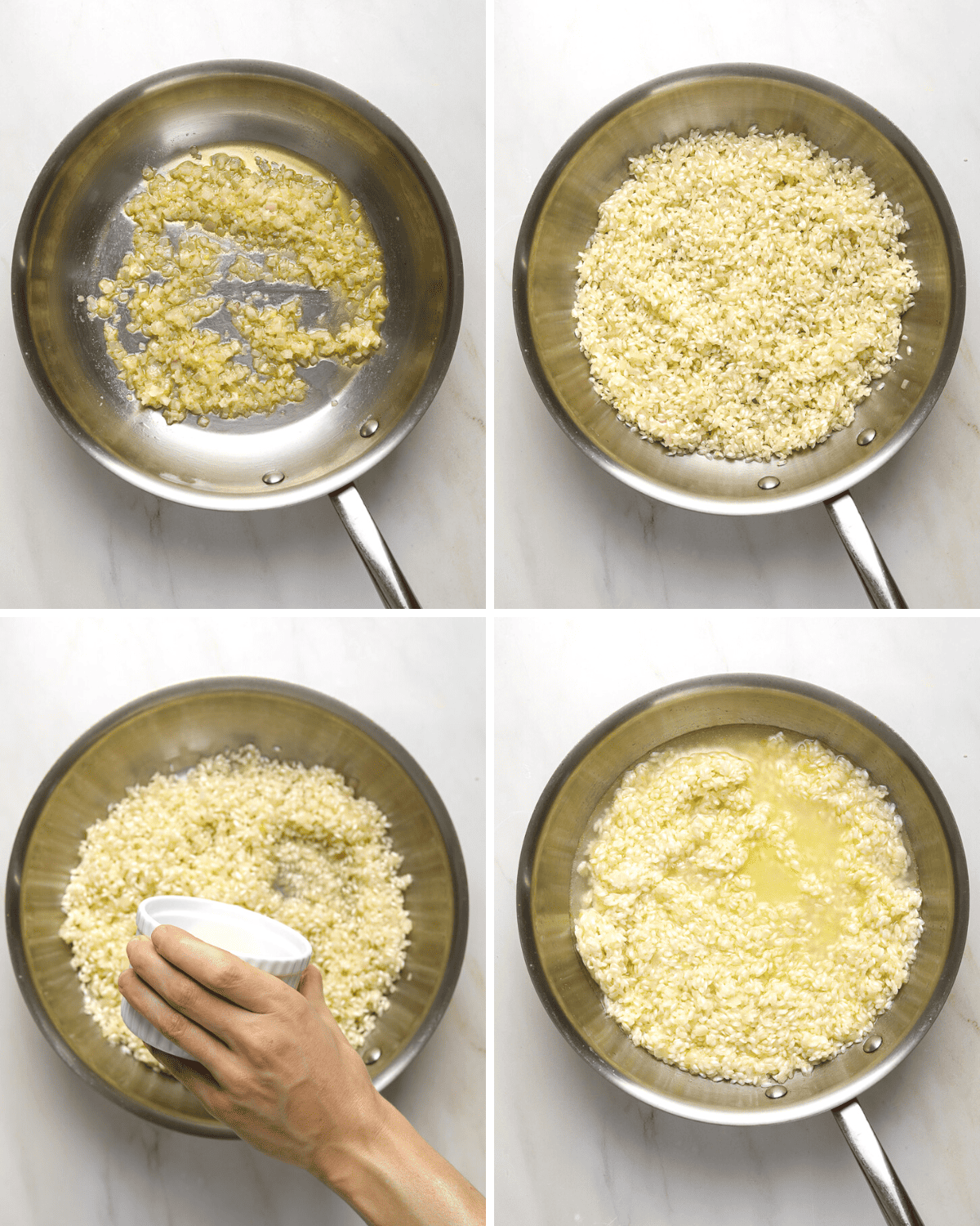 Four step by step images showing shallots cooking in a pan with arborio rice, a hand pouring wine into the pan and arborio rice cooking.