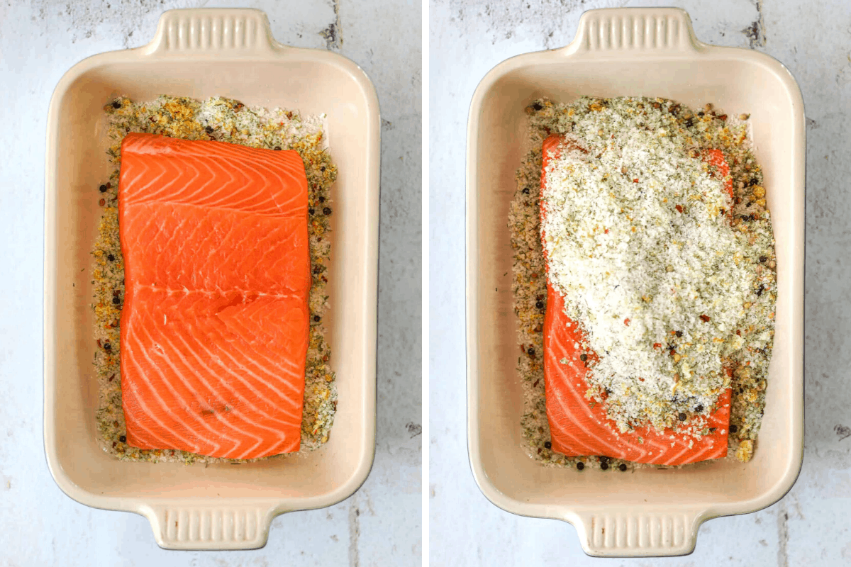 a filet of salmon being covered in citrus salt sure