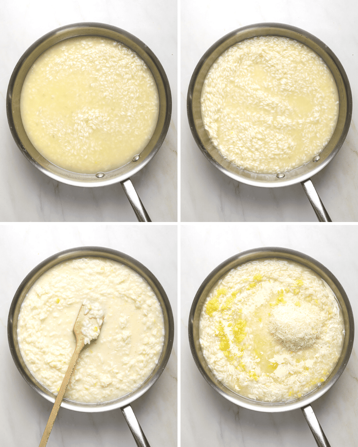 Four step by step images showing risotto being stirred together in a stainless steel pan.