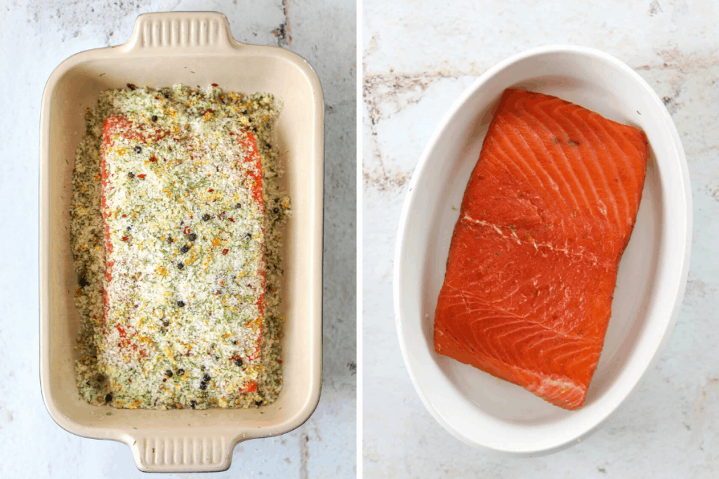 a filet of salmon in a bed of salt cure 