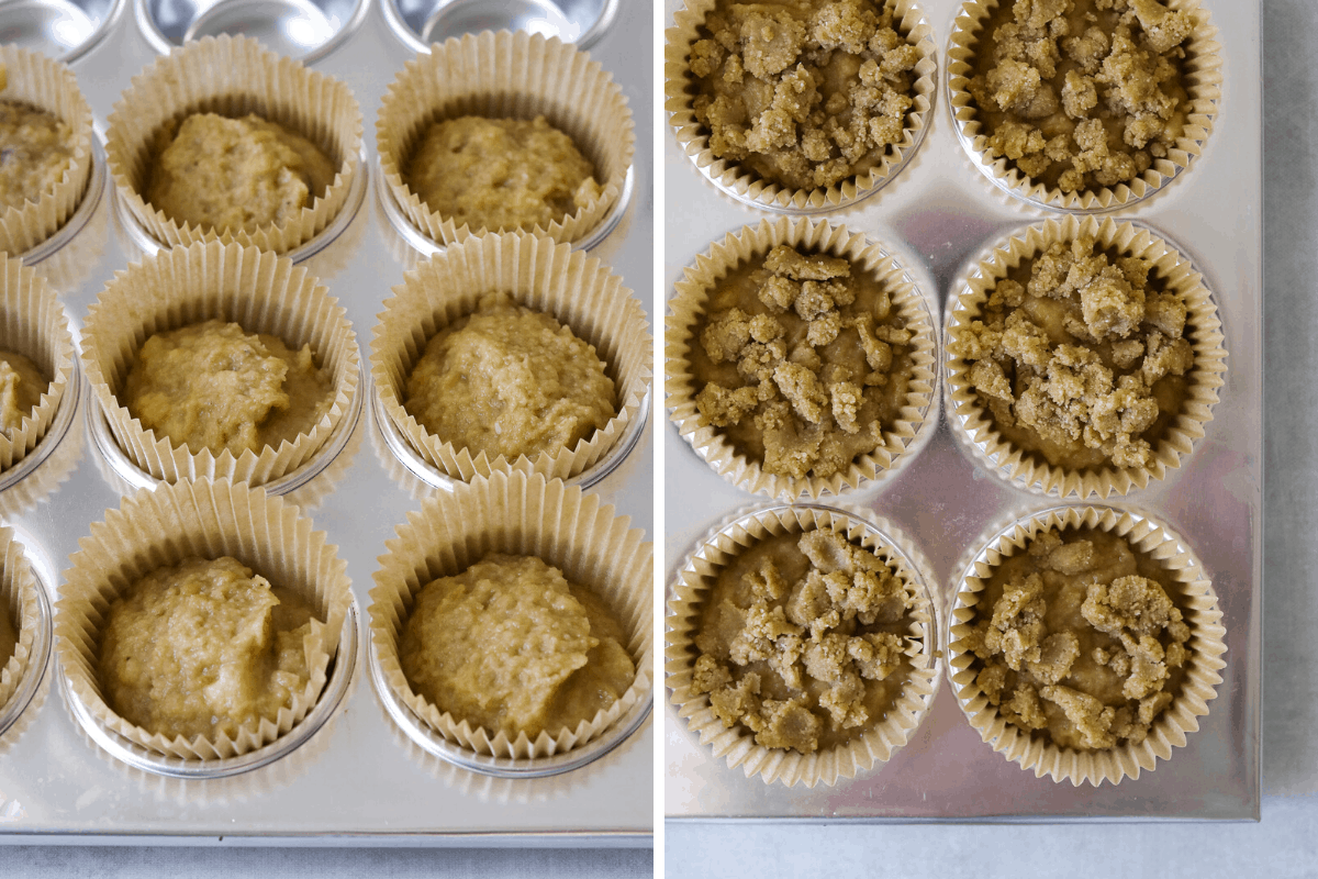 left: uncooked muffins in paper liners. right: uncooked banana muffins topped with cinnamon streusel