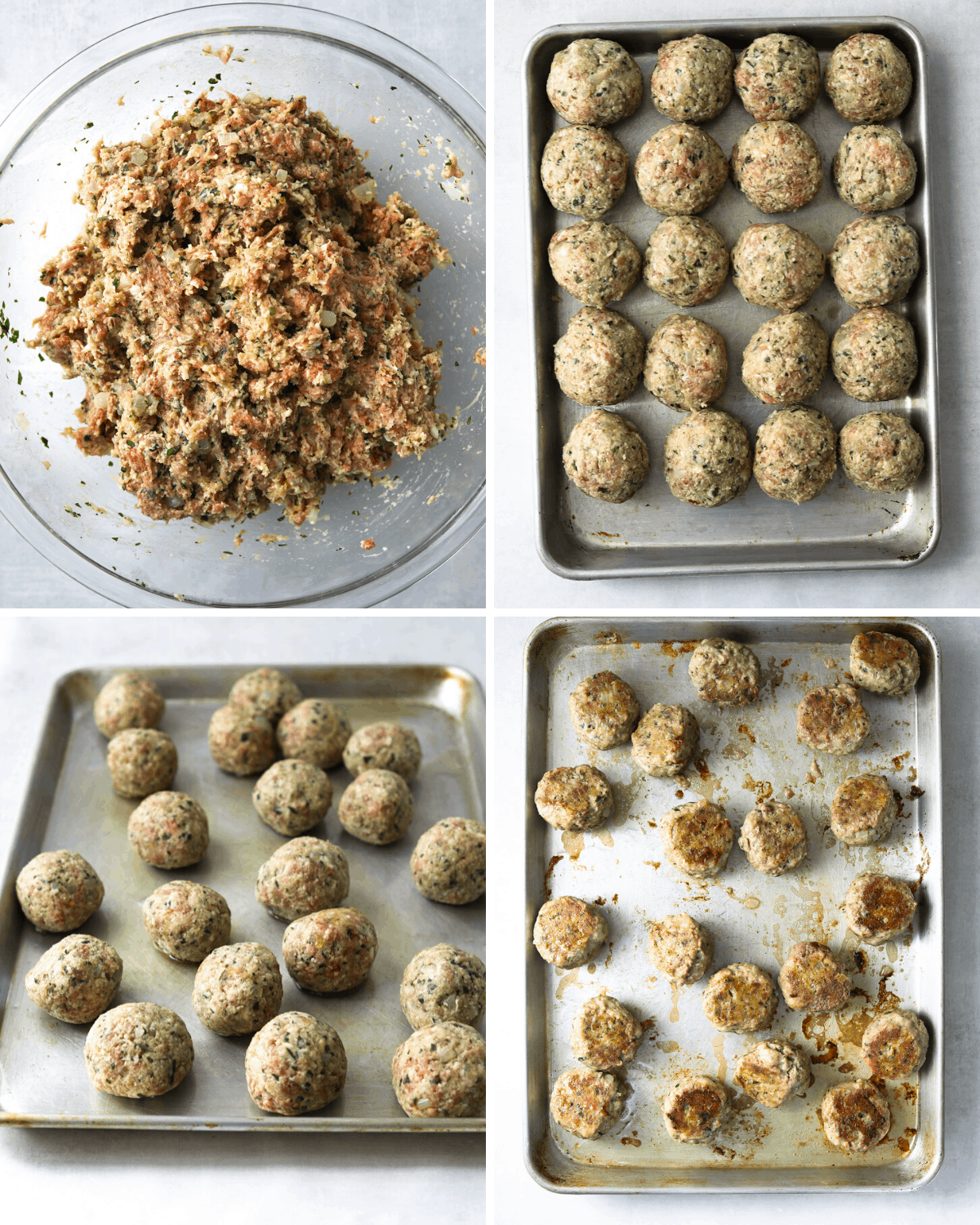 a collage of meatballs being mixed, portioned and baked on a baking tray