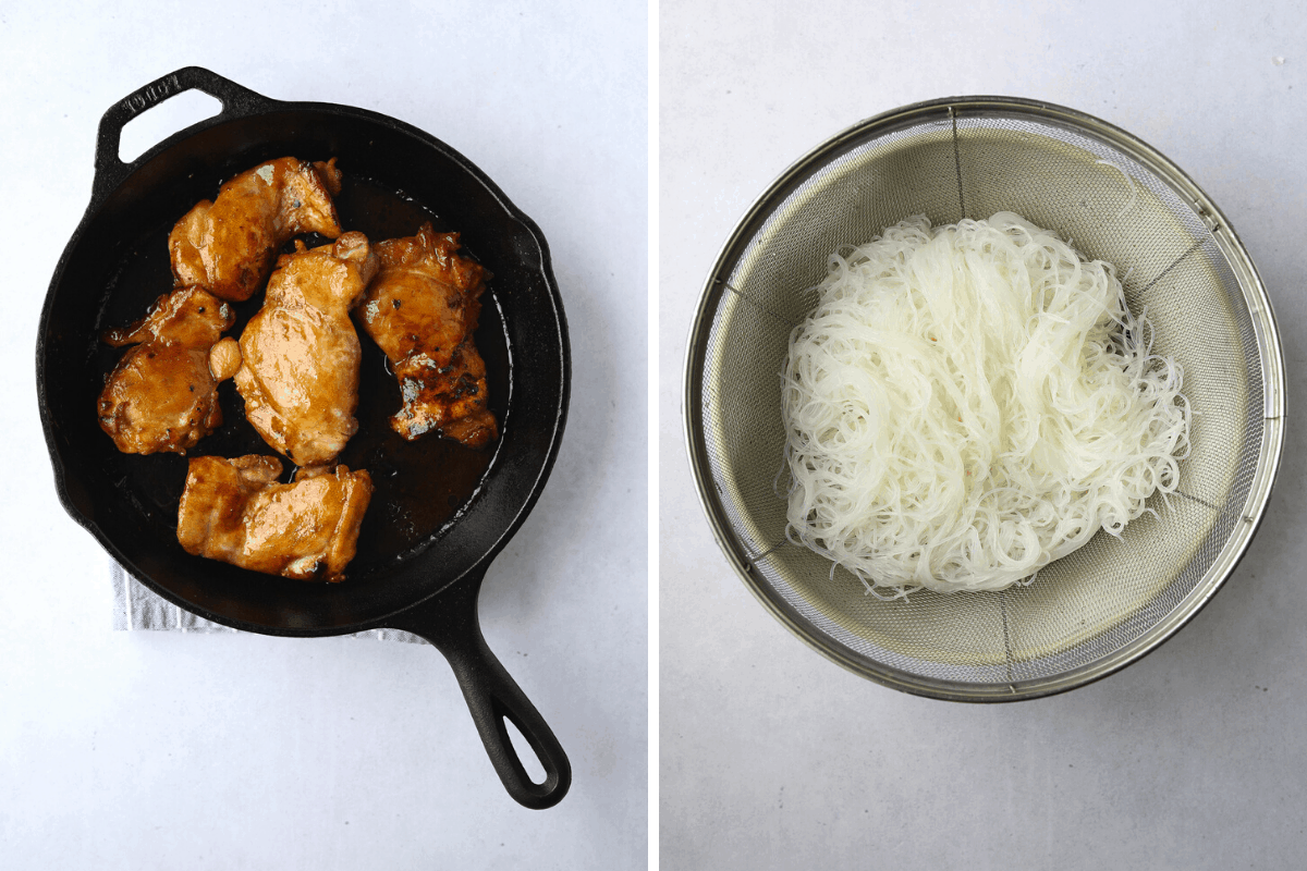 a cast iron pan with chicken and a bowl of cooked rice noodles