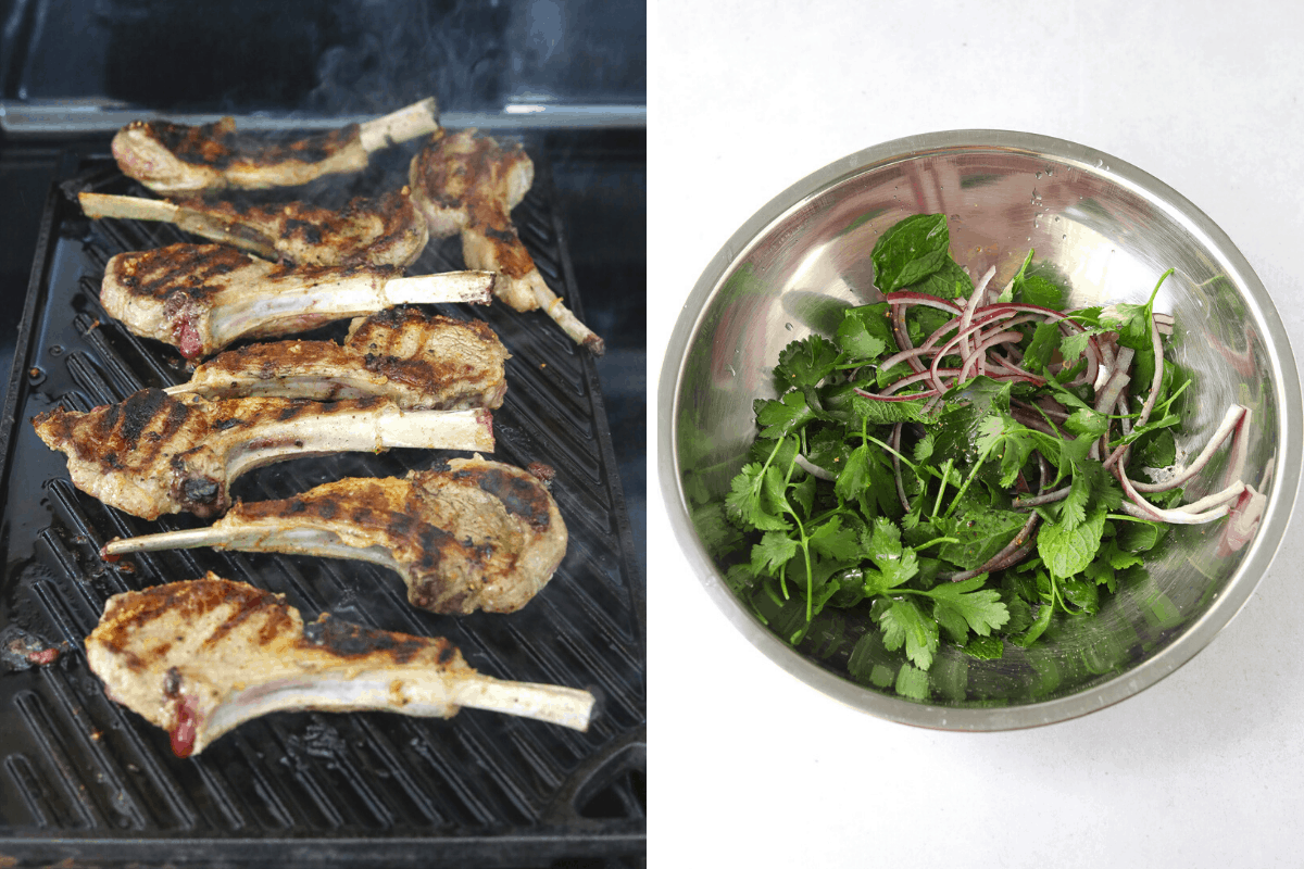 lamb chops of an indoor grill pan and a bowl of herb salad with red onion