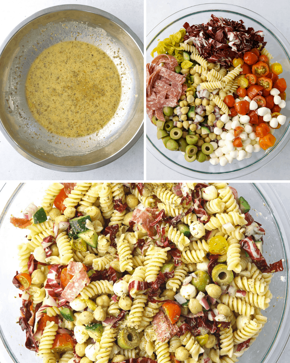 a metal mixing bowl with vinaigrette, a glass mixing bowl with Italian Pasta Salad ingredients and another bowl with Italian Pasta Salad tossed with dressing