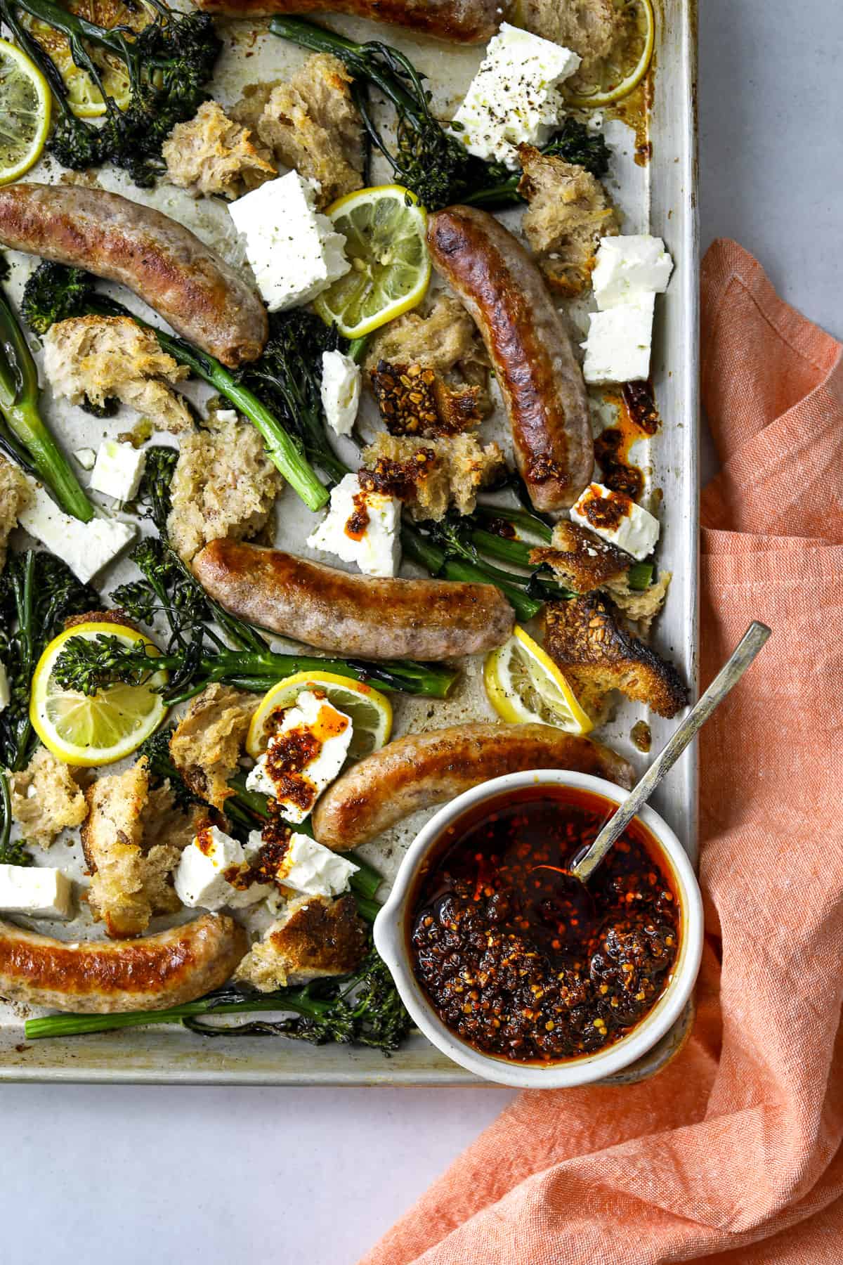 Sheet Pan Roasted Sausage with Broccolini, Feta, and Crunchy Chili Oil