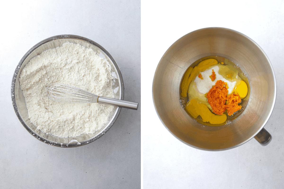 left: a bowl of dry baking ingredients in a mixing bowl with a whisk. right: a stand mixer bowl with sugar, eggs and citrus zest