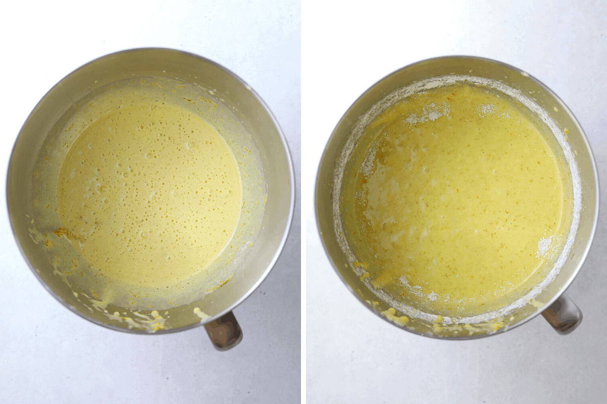 two stand mixer bowls filled with yellow cake batter 