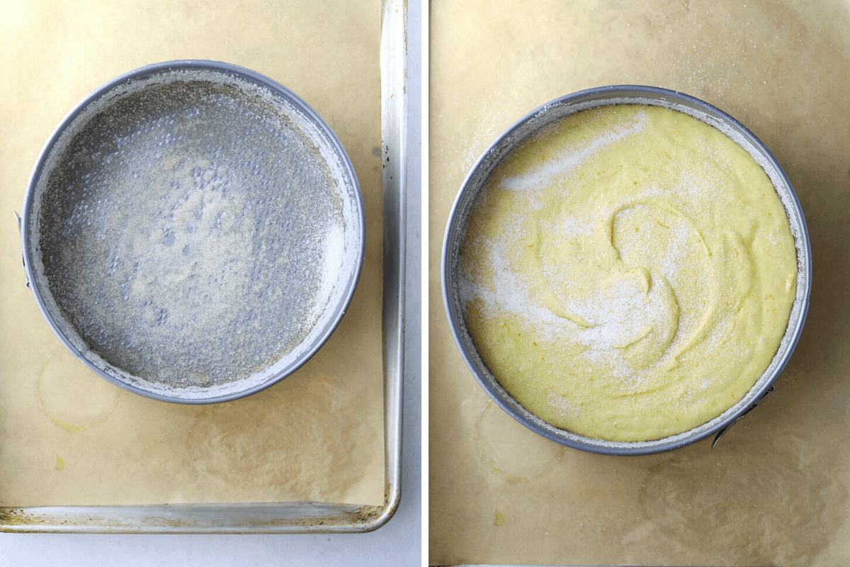 a spring form pan on a brown parchment lined baking tray and a spring form pan filled with olive oil cake batter