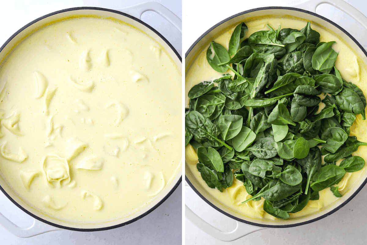 left: a large pot filled with cream, chicken broth and tortellini 

right: the same pot with fresh baby spinach added